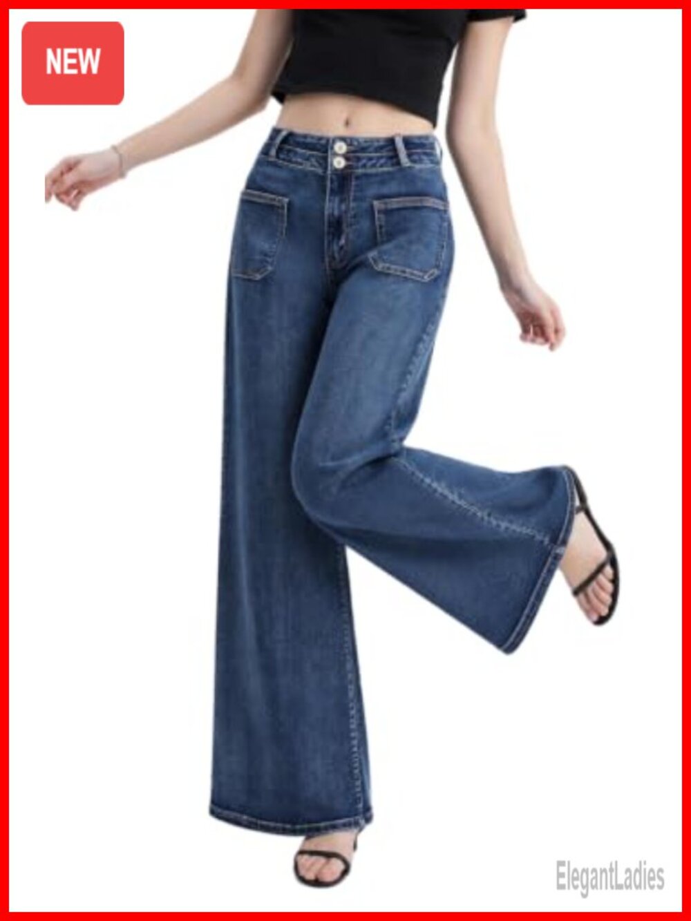 Women's Wide Leg Jeans High Waist Stretchy Loose Denim Pants Double Button
